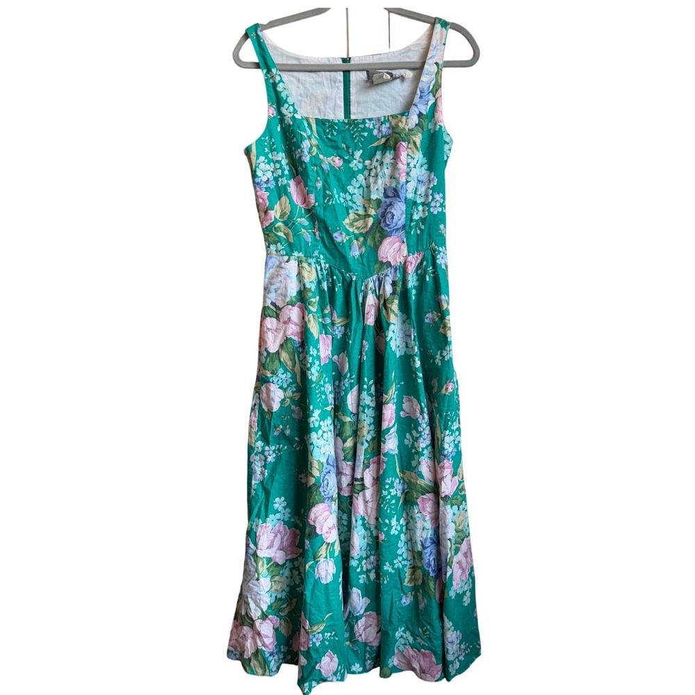 Floral Midi Tea Dress Size S Green Romantic Garden Party Cottagecore Cotton